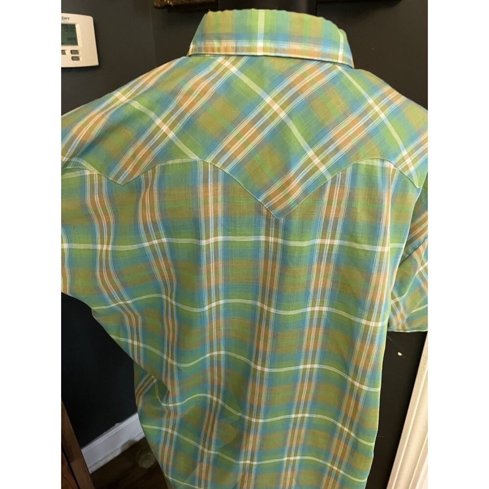 Vintage Men’s Team Tex Western Cut Short Sleeve Button Shirt XL Slim Green Plaid - Picture 2 of 9